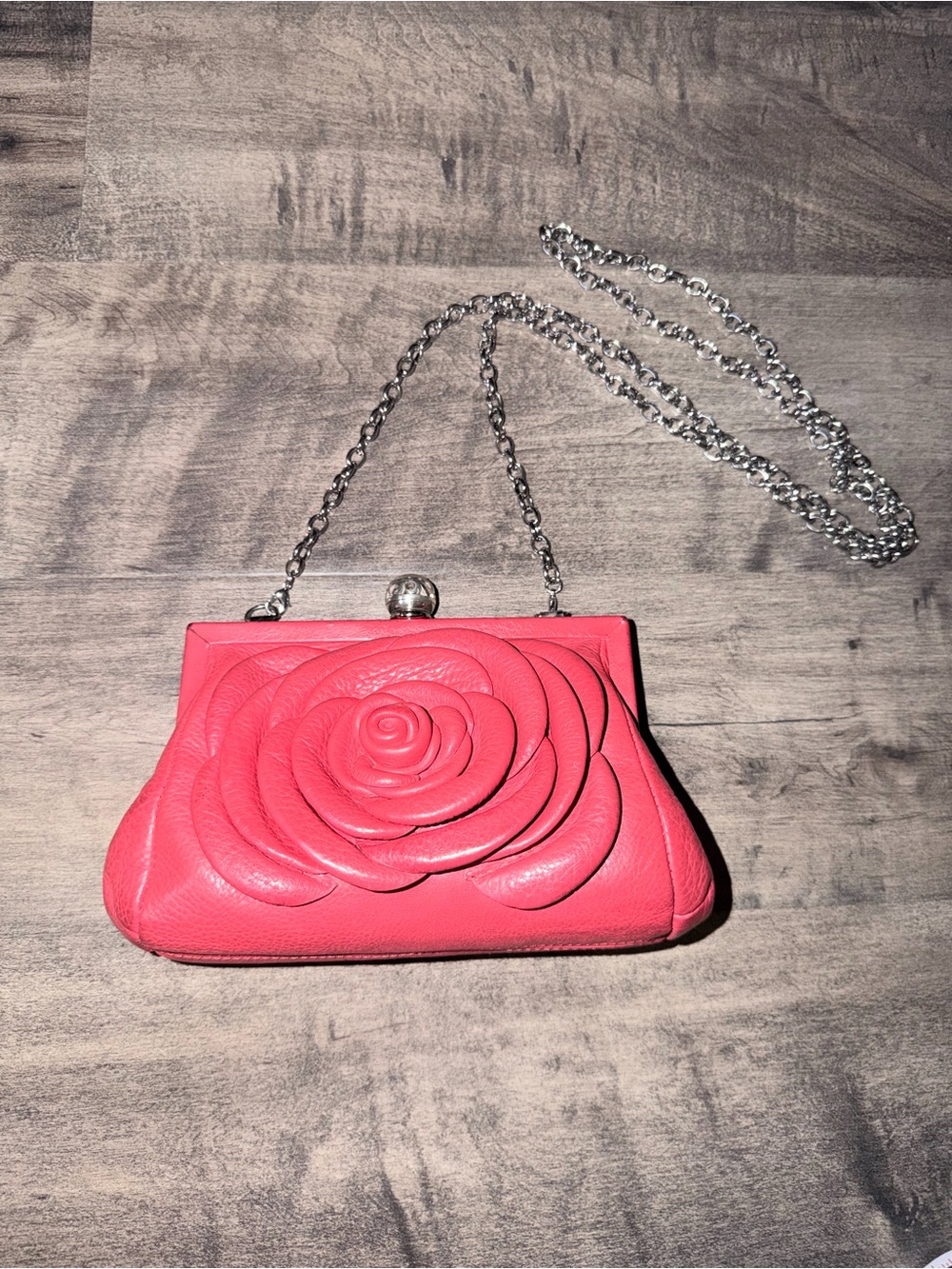 Brighton red 3D Floral Leather Evening Clutch with Silver Chain